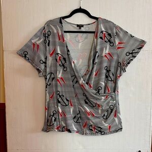 Talbots Woman Shirt/Top Nautical Graphic Faux Wrap Short Sleeves Size 2X